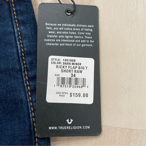 NWT True Religion Mens 34 Jean Shorts Ricky Relaxed Straight Flap Big T Dark Raw - Picture 3 of 11